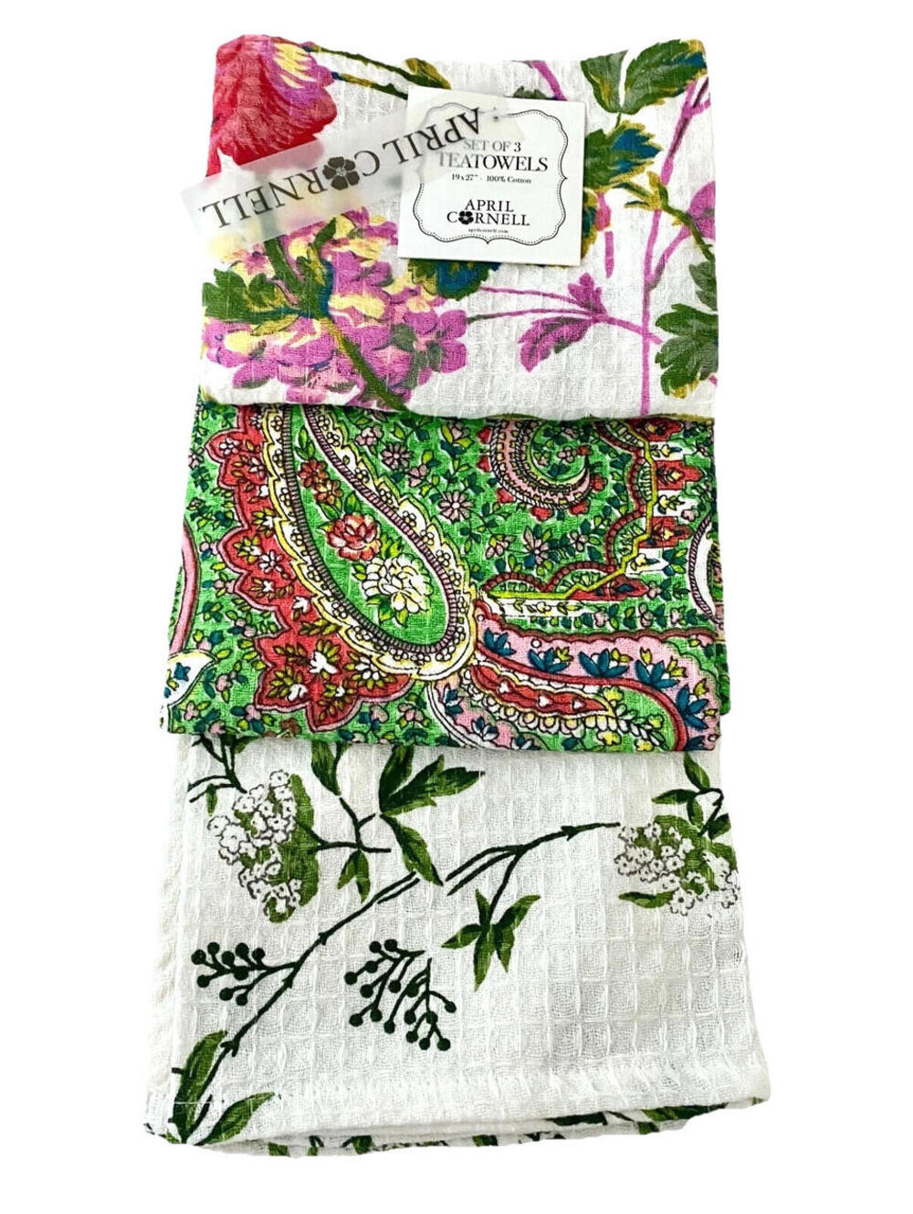 NWT APRIL CORNELL Pink Green Paisley Floral Set of 3 Tea Towels Cotton 19x27